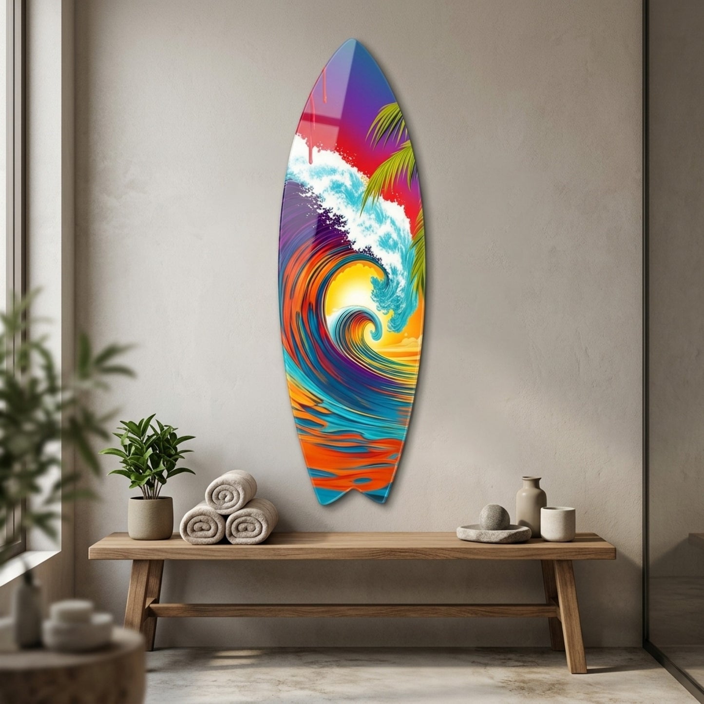 Renkli Tropikal Dalga ve Palmiye Manzarası Surf Board Cam Tablo