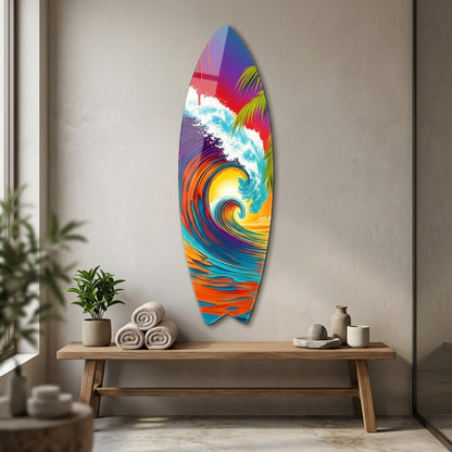 Renkli Tropikal Dalga ve Palmiye Manzarası Surf Board Cam Tablo