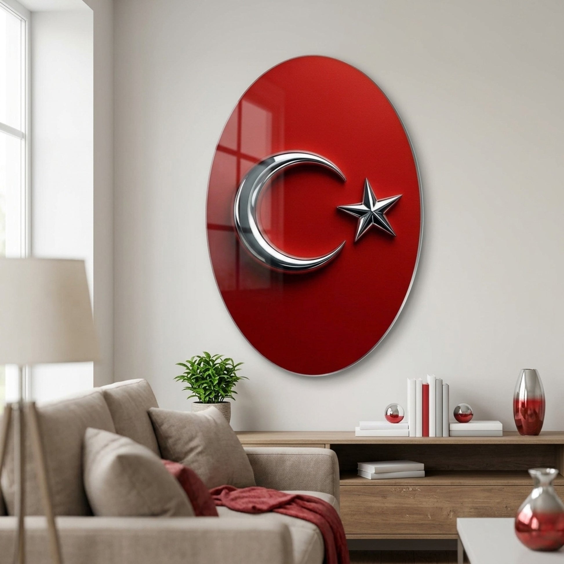 Modern Metalik Ay Yıldız Temalı Tasarım Oval Dikey Cam Tablo