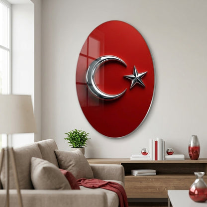 Modern Metalik Ay Yıldız Temalı Tasarım Oval Dikey Cam Tablo