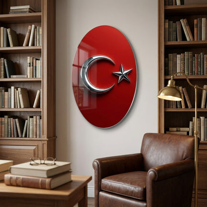 Modern Metalik Ay Yıldız Temalı Tasarım Oval Dikey Cam Tablo