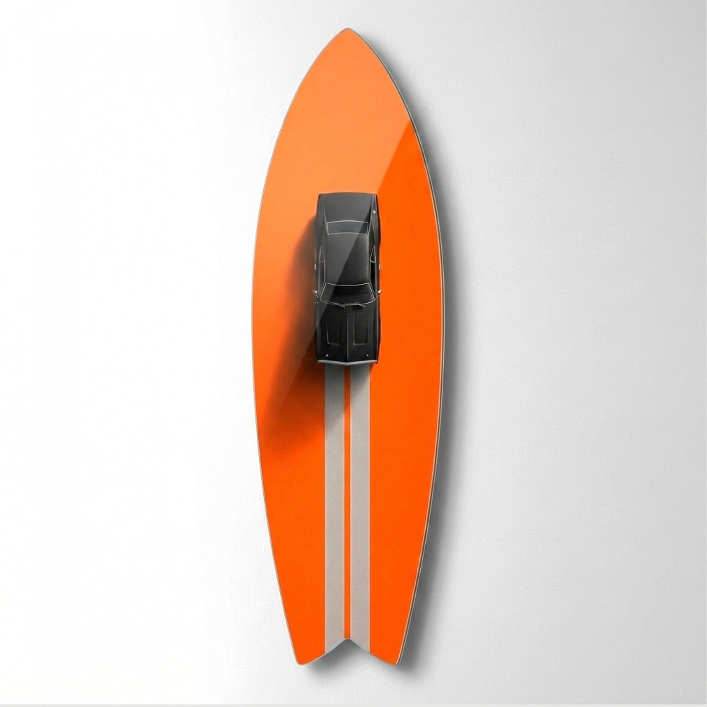 Klasik Siyah Spor Araba ve Turuncu Minimalist Duvar Dekoru Surf Board Cam Tablo