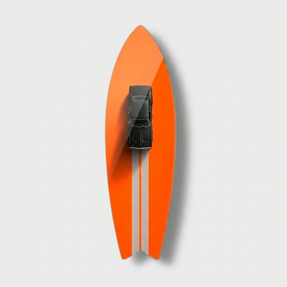 Klasik Siyah Spor Araba ve Turuncu Minimalist Duvar Dekoru Surf Board Cam Tablo