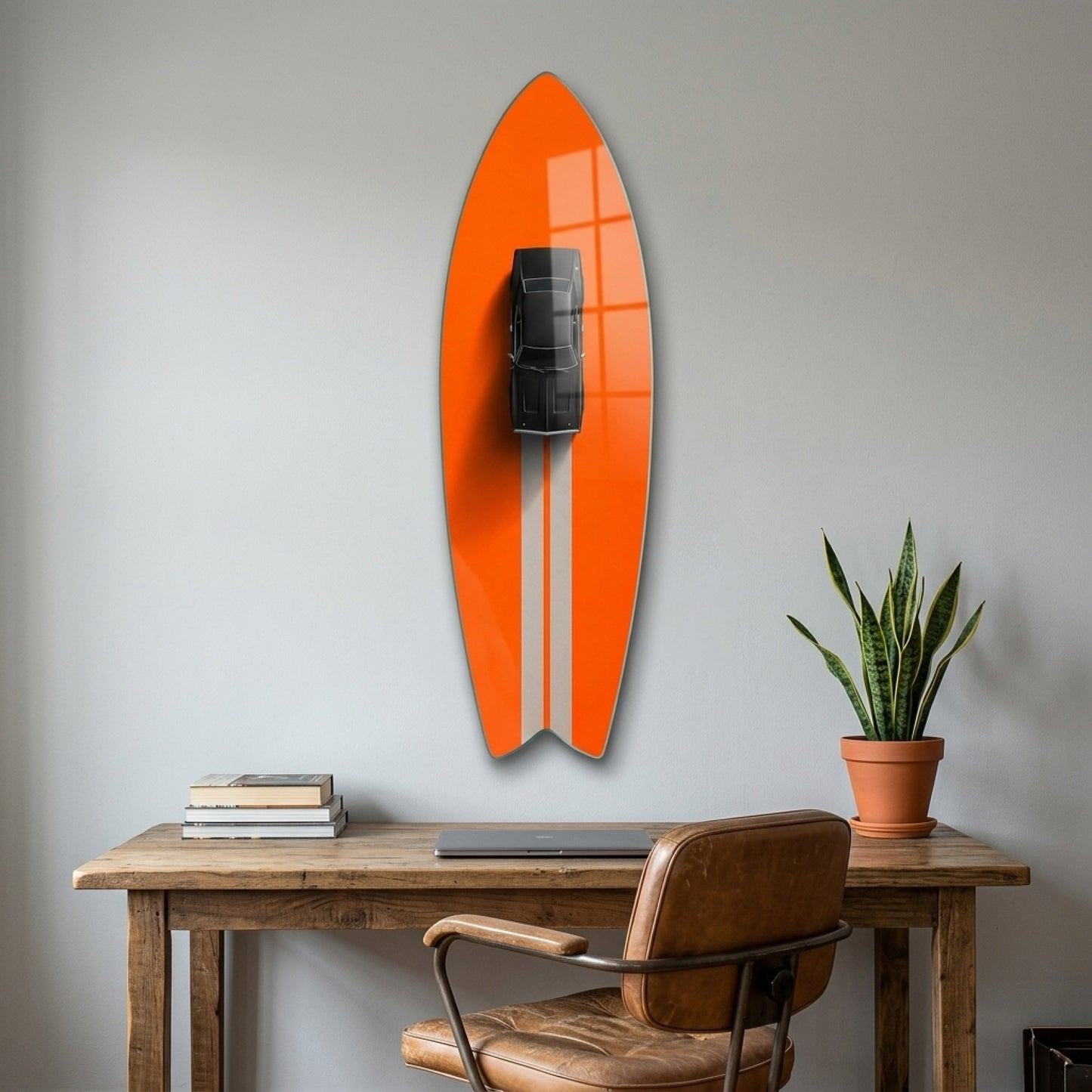Klasik Siyah Spor Araba ve Turuncu Minimalist Duvar Dekoru Surf Board Cam Tablo