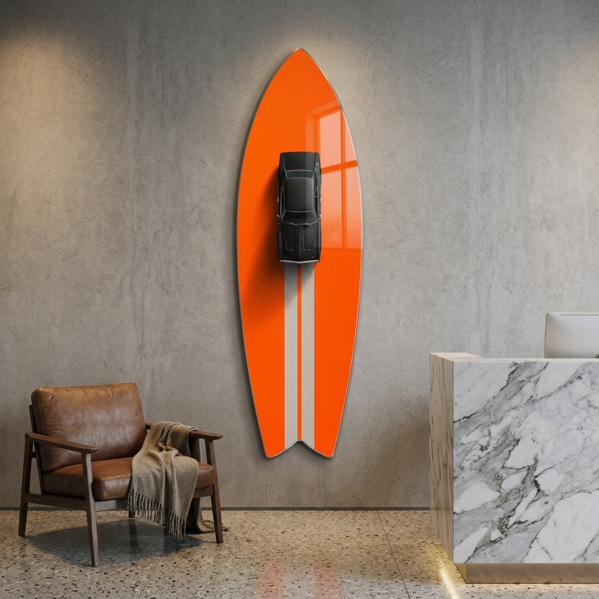 Klasik Siyah Spor Araba ve Turuncu Minimalist Duvar Dekoru Surf Board Cam Tablo