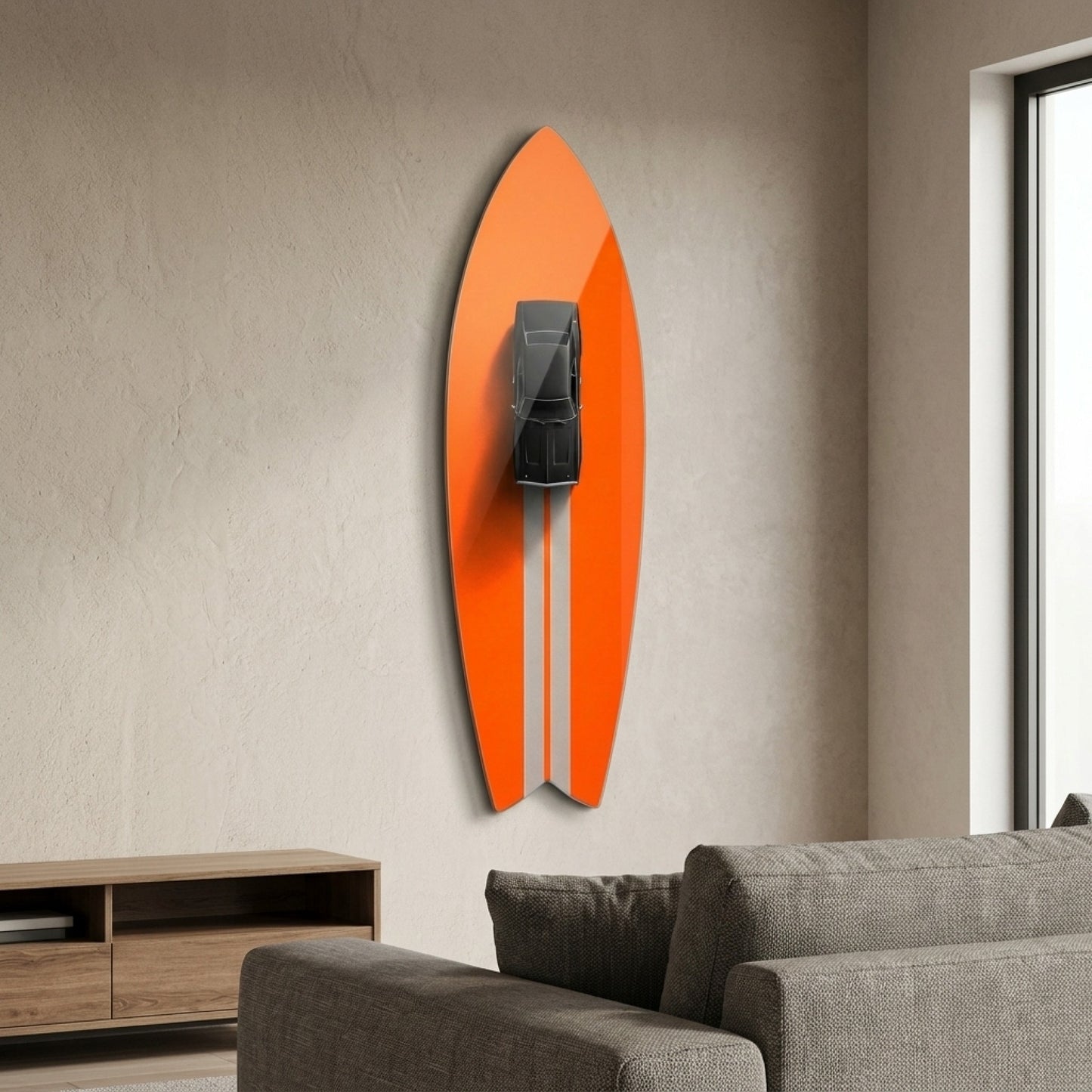 Klasik Siyah Spor Araba ve Turuncu Minimalist Duvar Dekoru Surf Board Cam Tablo