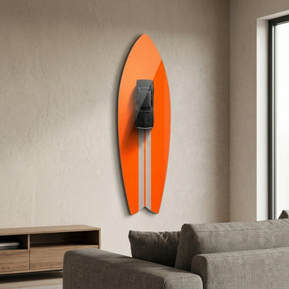 Klasik Siyah Spor Araba ve Turuncu Minimalist Duvar Dekoru Surf Board Cam Tablo