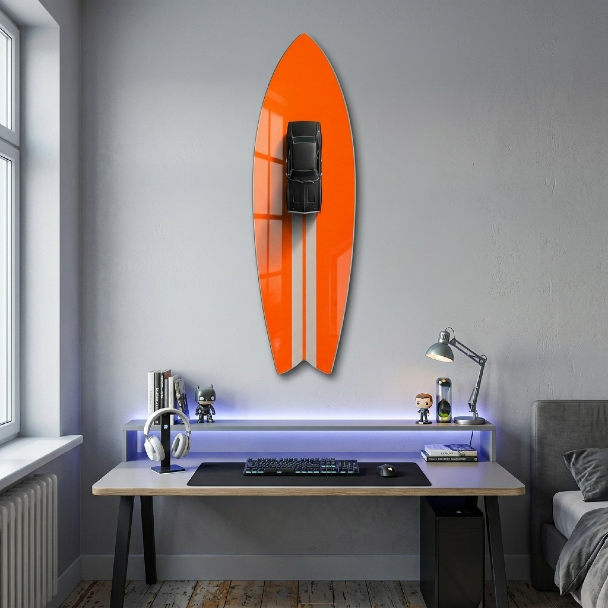 Klasik Siyah Spor Araba ve Turuncu Minimalist Duvar Dekoru Surf Board Cam Tablo