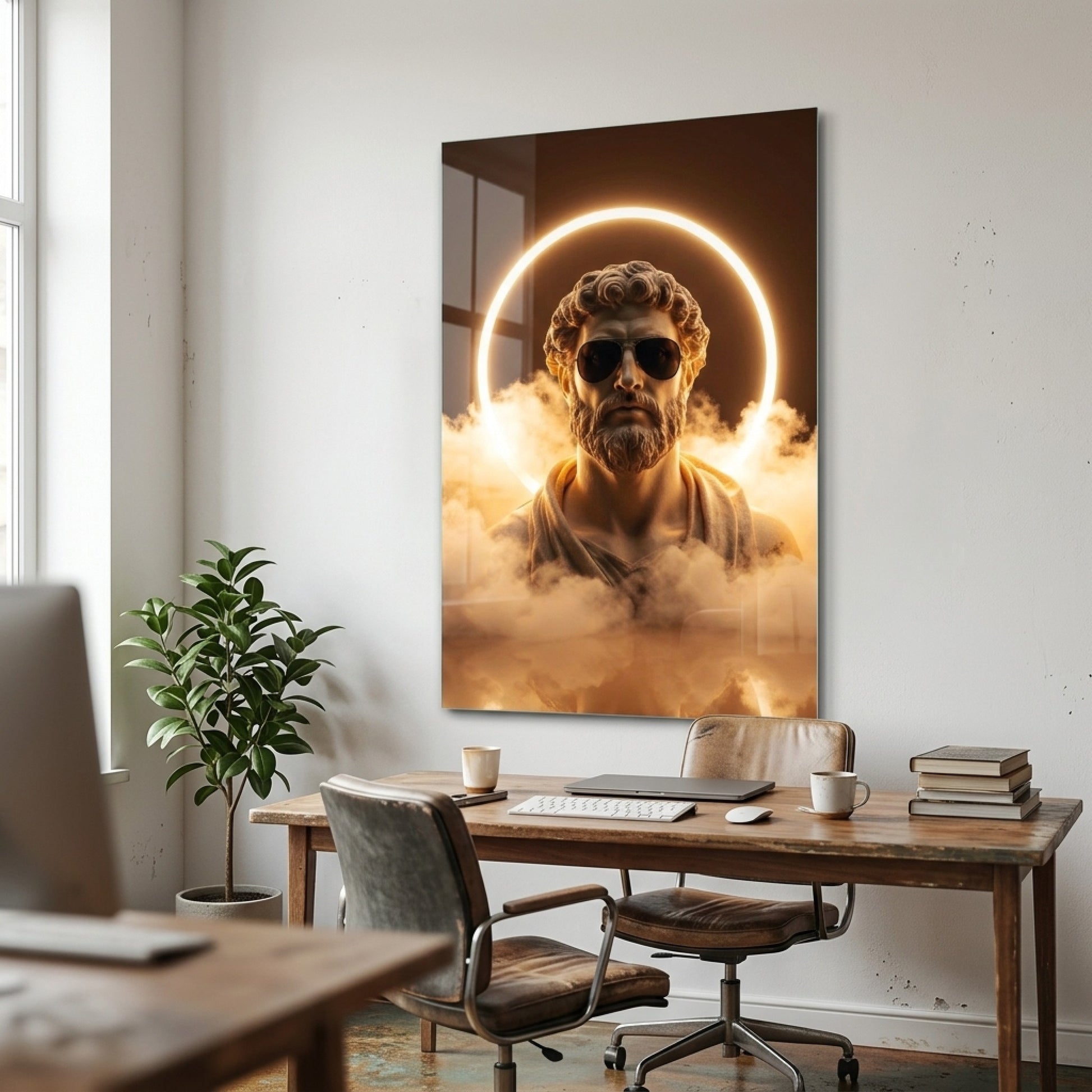 Modern Gözlüklü Antik Heykel Büstü Dikey Cam Tablo