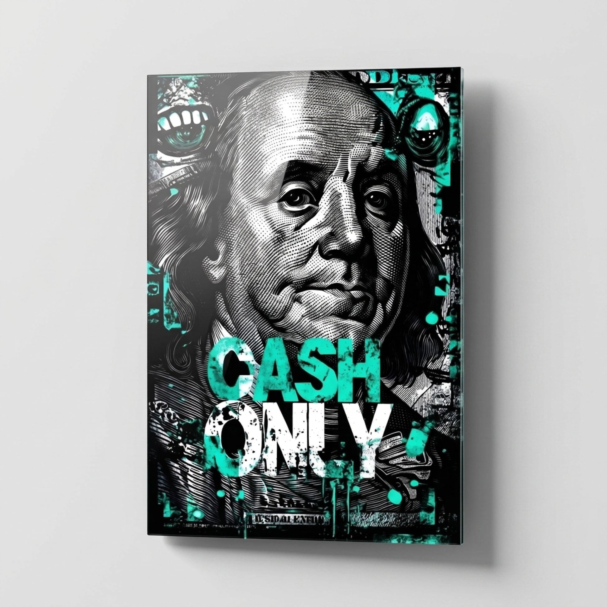 Cash Only Yazılı Modern Benjamin Franklin Tablosu Dikey Cam Tablo