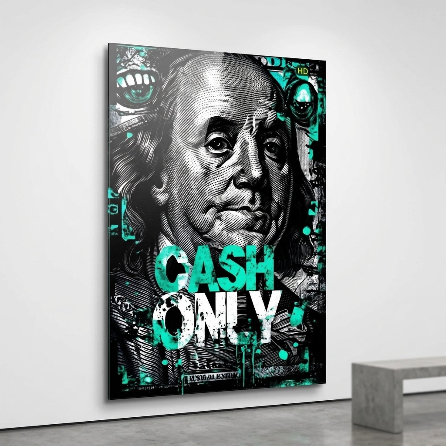 Cash Only Yazılı Modern Benjamin Franklin Tablosu Dikey Cam Tablo