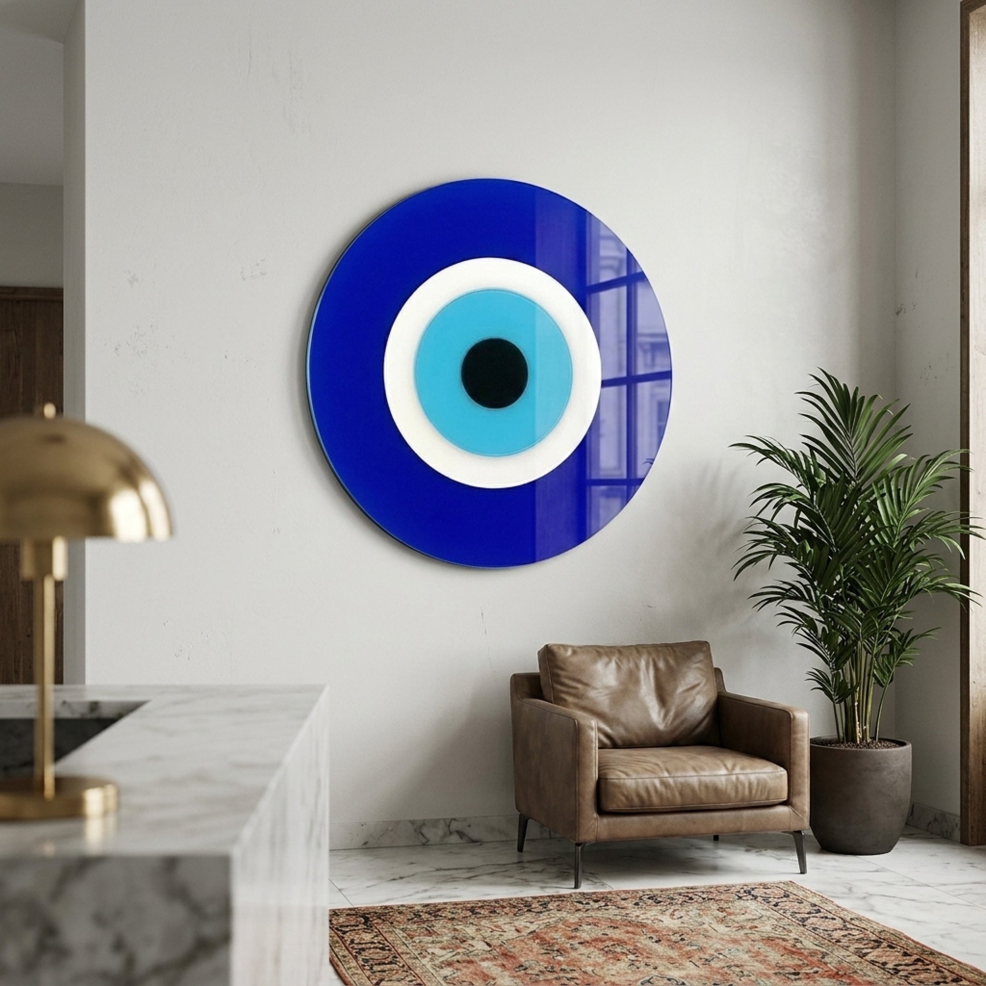 Modern Tasarım Mavi Beyaz Nazar Boncuğu Yuvarlak Cam Tablo