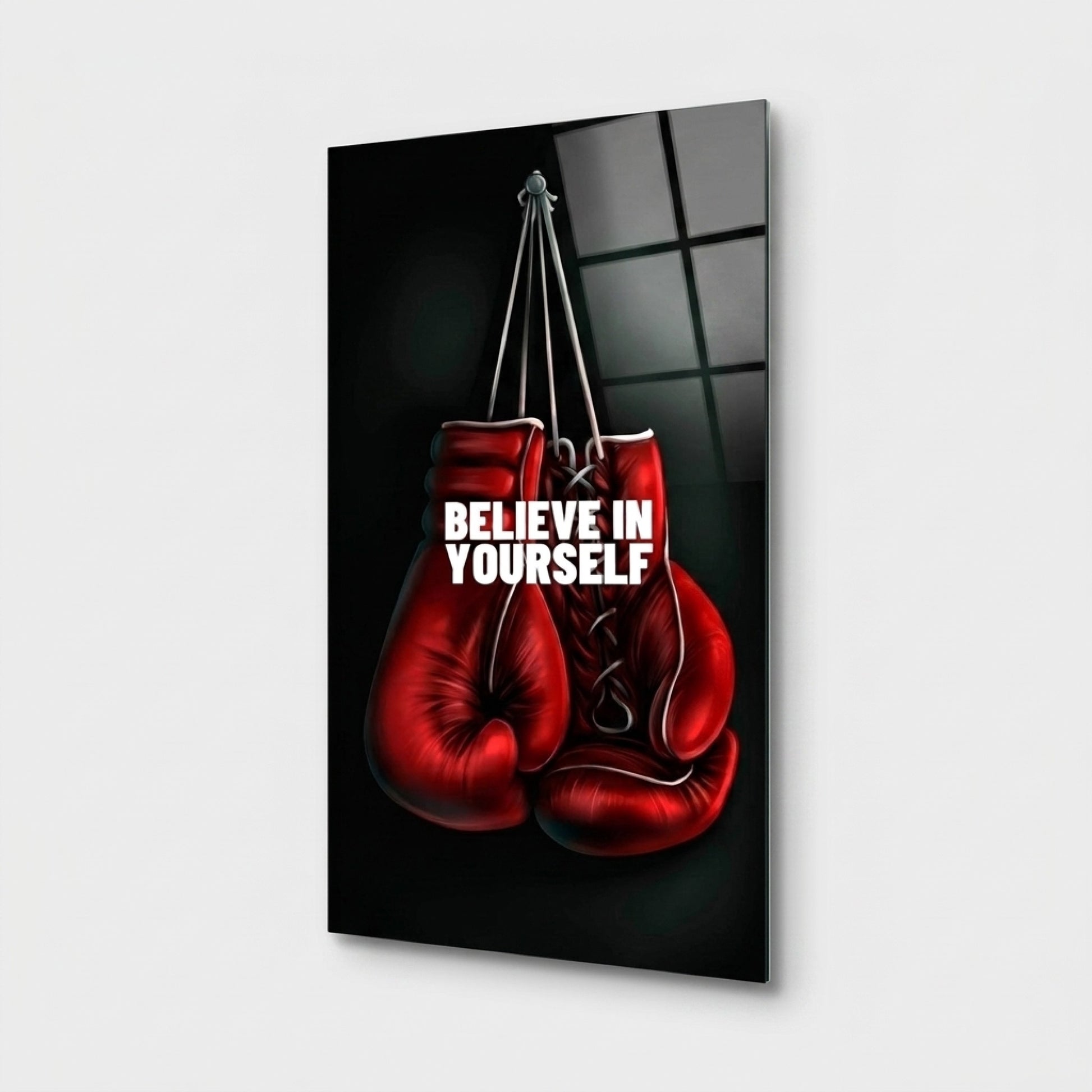 Kırmızı Boks Eldiveni Motivasyon Sözlü Dikey Cam Tablo