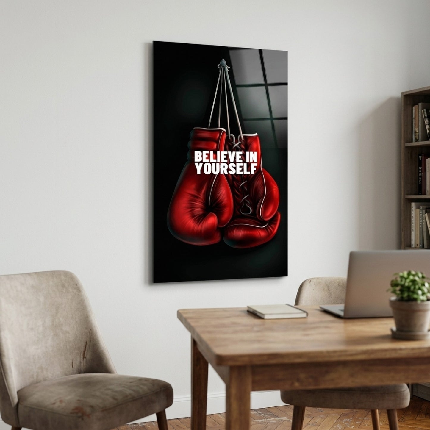 Kırmızı Boks Eldiveni Motivasyon Sözlü Dikey Cam Tablo