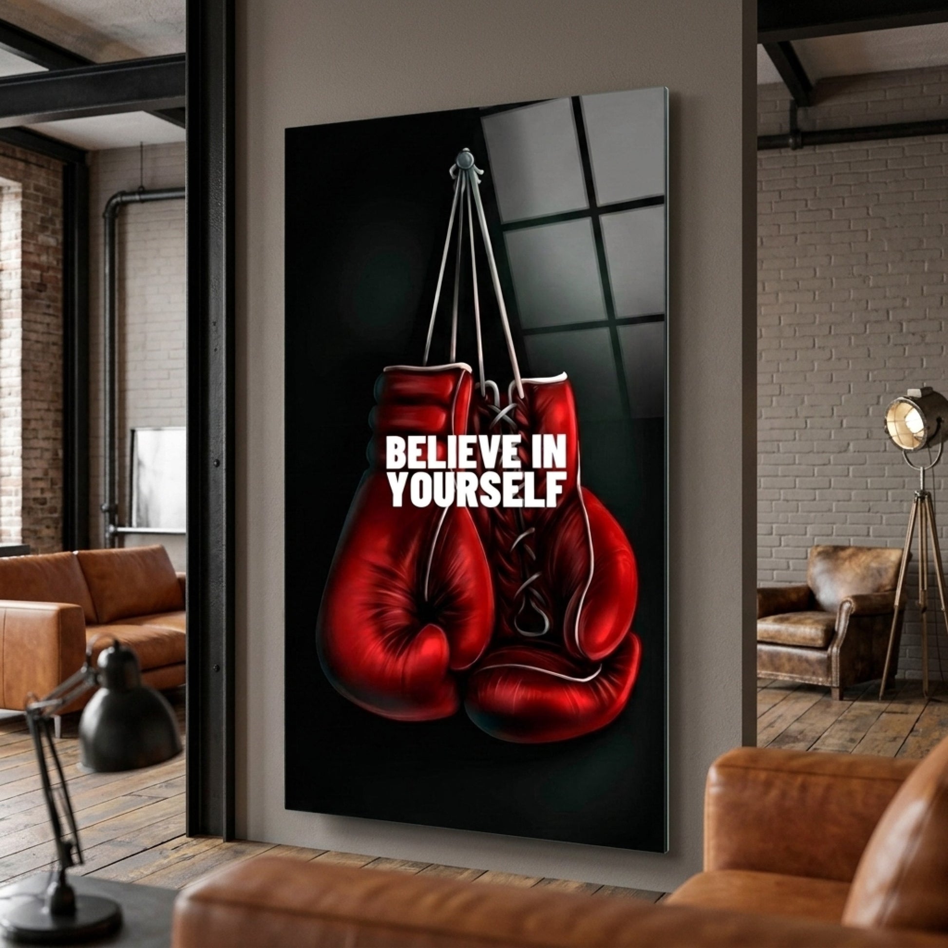Kırmızı Boks Eldiveni Motivasyon Sözlü Dikey Cam Tablo