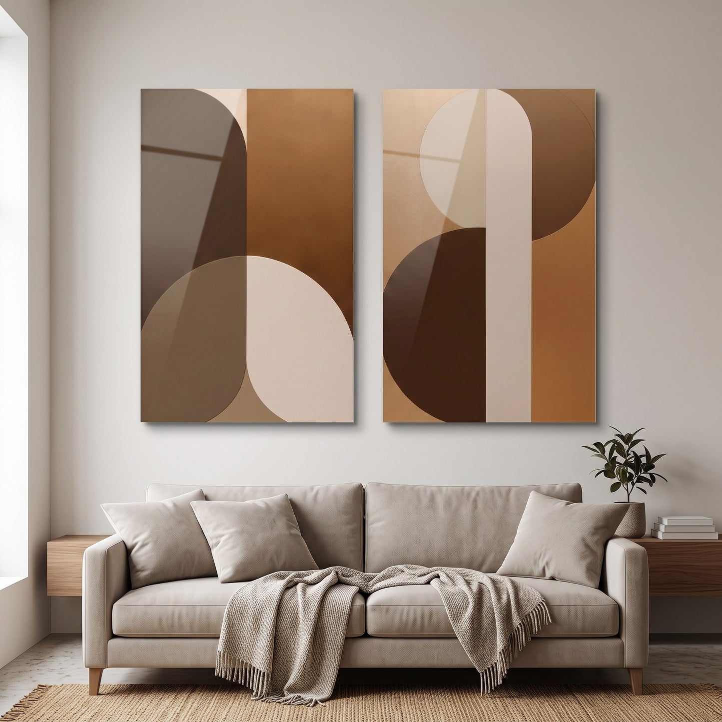 Modern Soyut Geometrik Kahve Tonları Dikey 2'li Set Cam Tablo