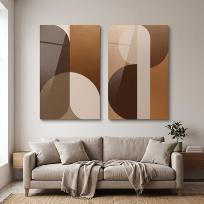 Modern Soyut Geometrik Kahve Tonları Dikey 2'li Set Cam Tablo
