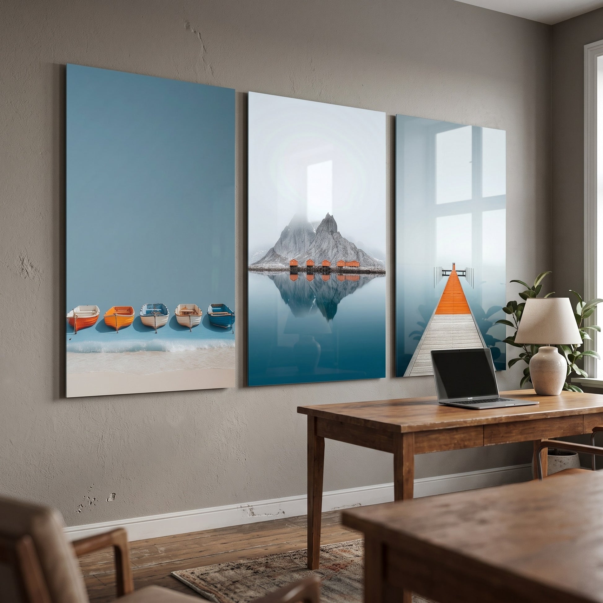 Lofoten Evleri ve Kayıklar Paneli Dikey 3'lü Set Cam Tablo