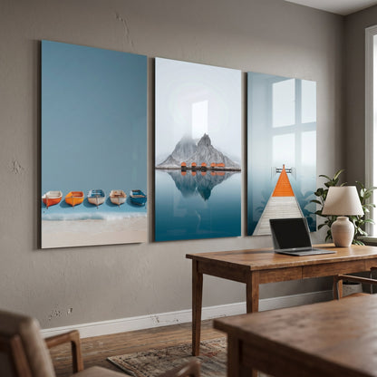 Lofoten Evleri ve Kayıklar Paneli Dikey 3'lü Set Cam Tablo