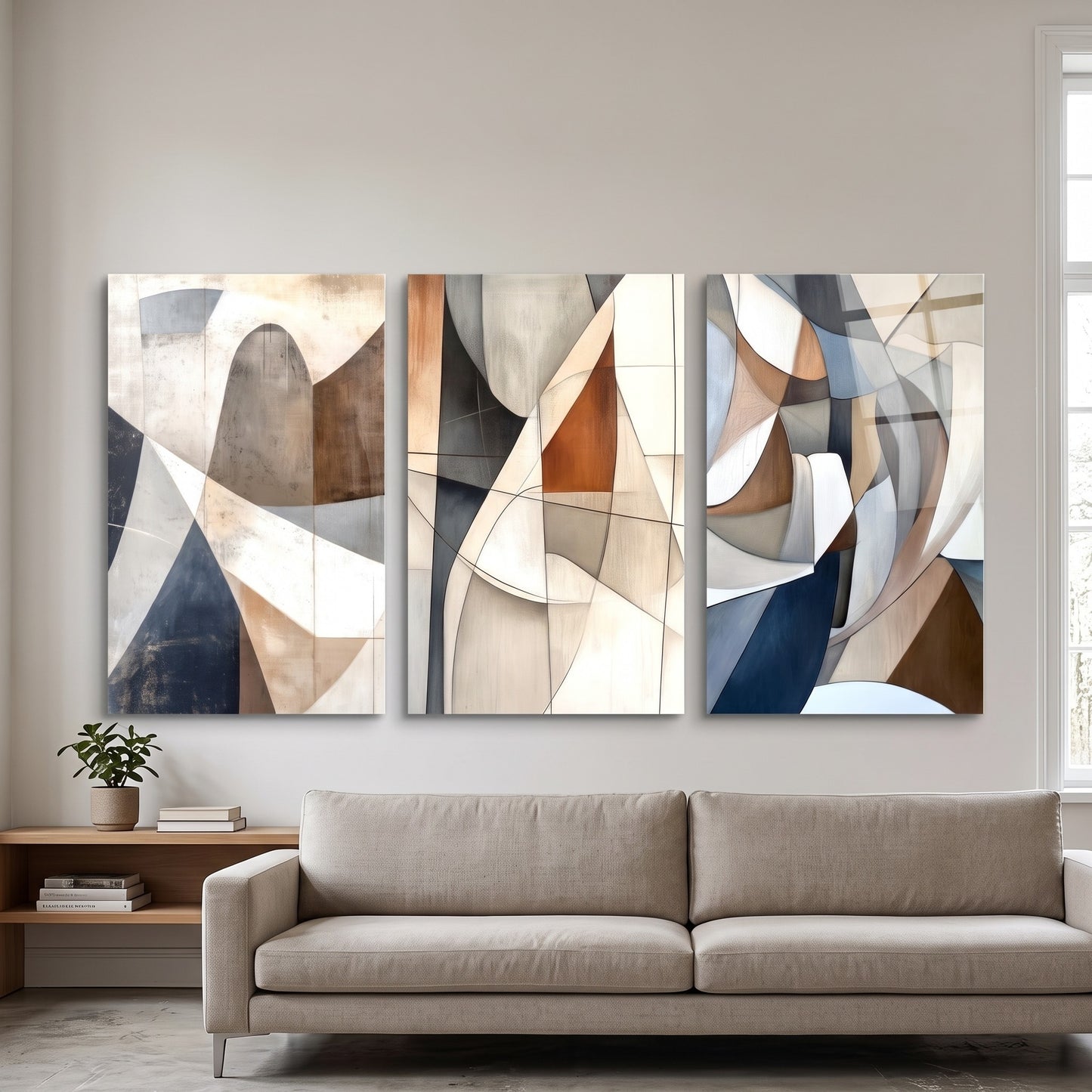Modern Soyut Geometrik Set Dikey 3'lü Set Cam Tablo