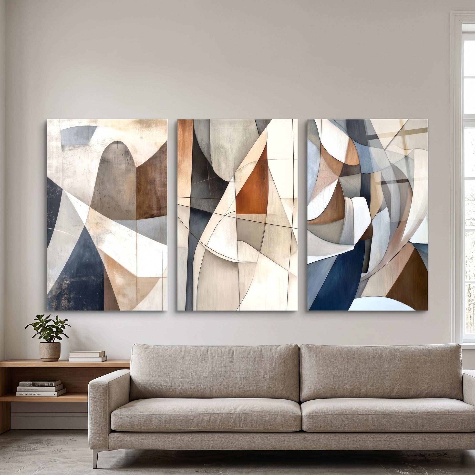Modern Soyut Geometrik Set Dikey 3'lü Set Cam Tablo