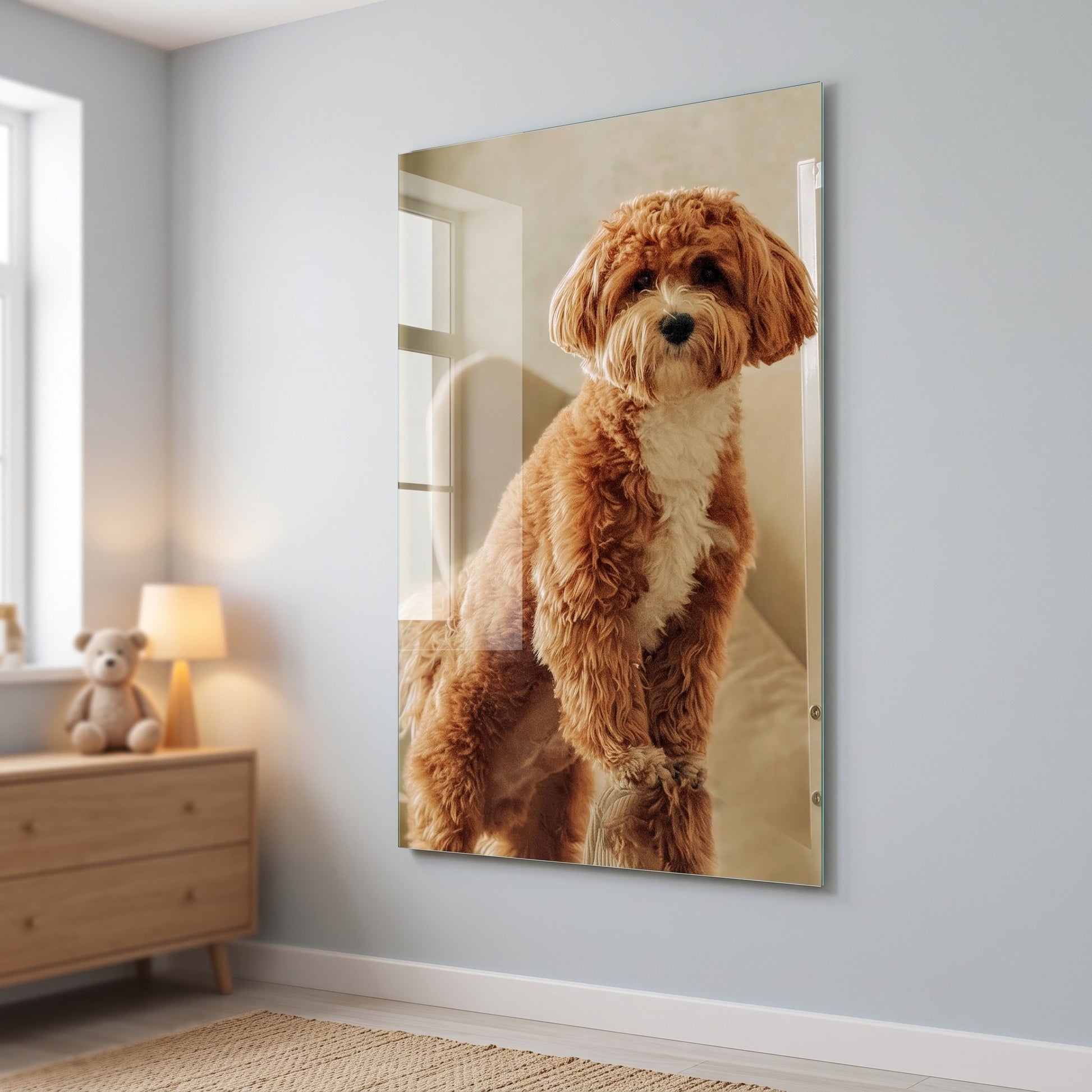 Koltukta Duran Tatlı Poodle Köpek Dikey Cam Tablo