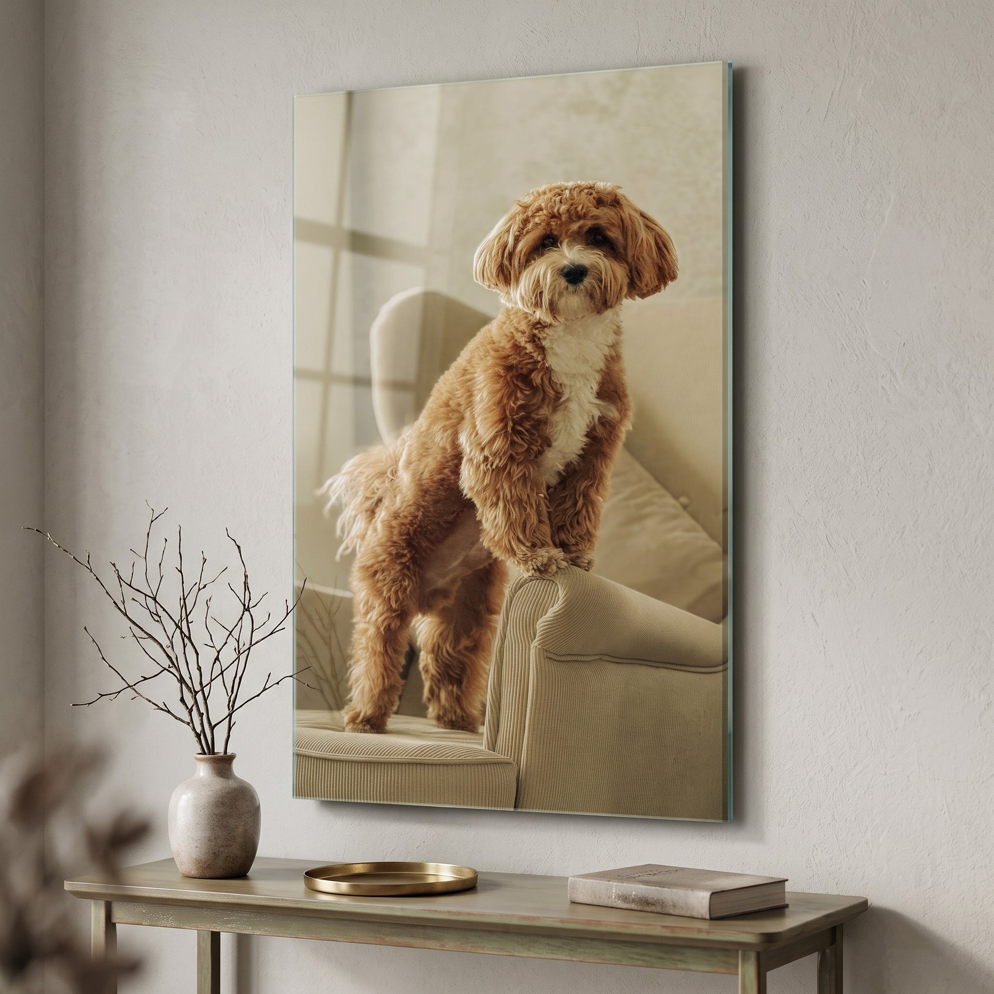 Koltukta Duran Tatlı Poodle Köpek Dikey Cam Tablo