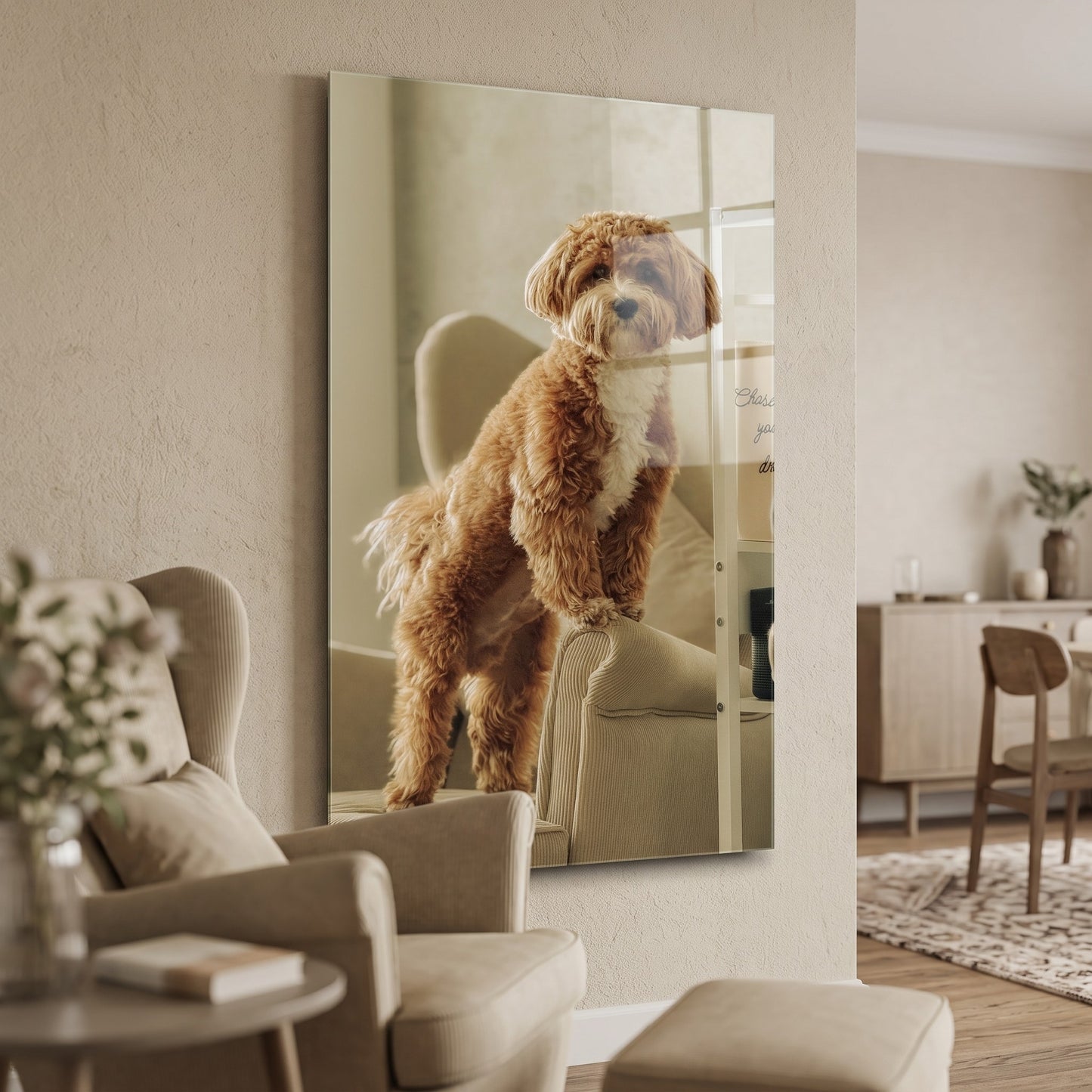 Koltukta Duran Tatlı Poodle Köpek Dikey Cam Tablo