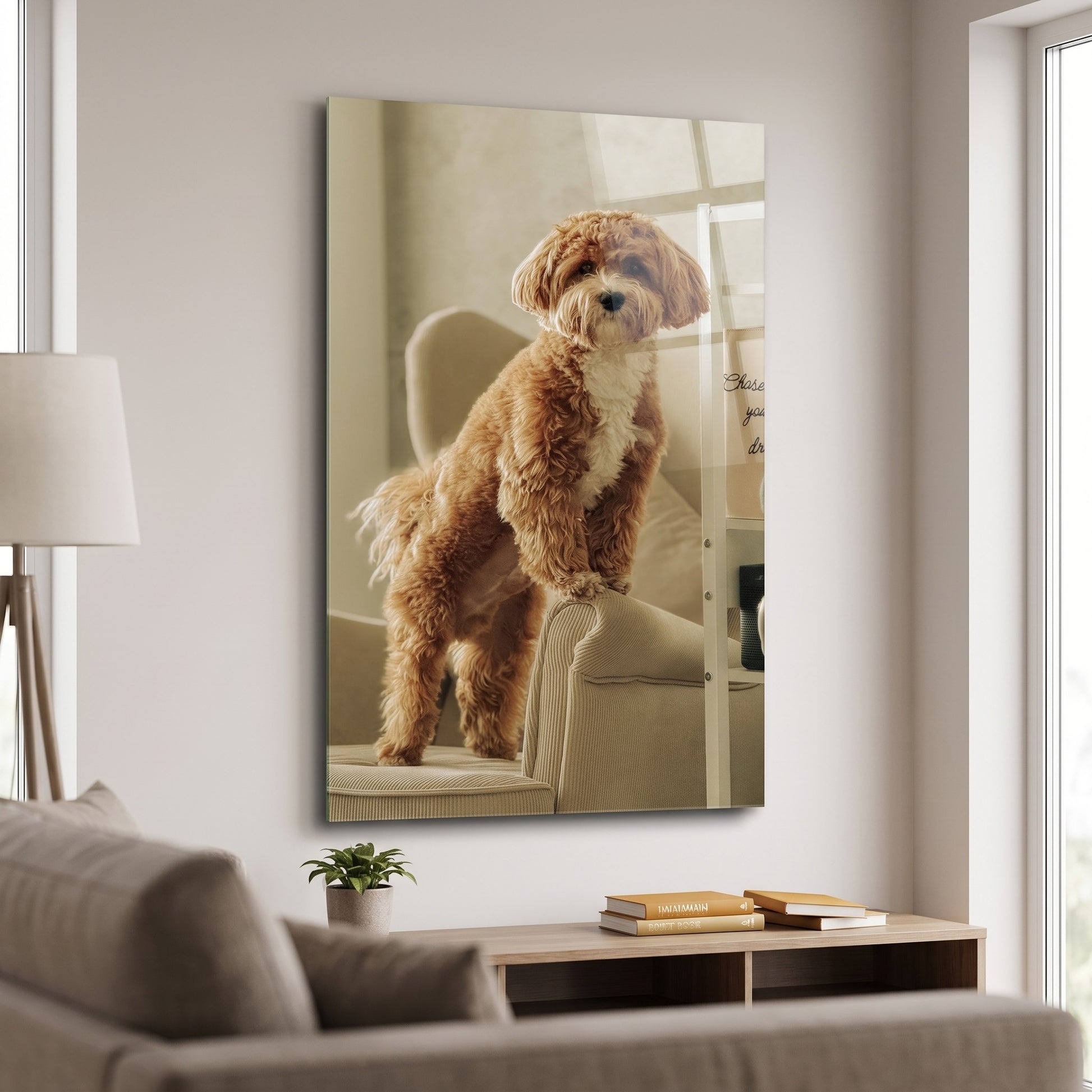 Koltukta Duran Tatlı Poodle Köpek Dikey Cam Tablo