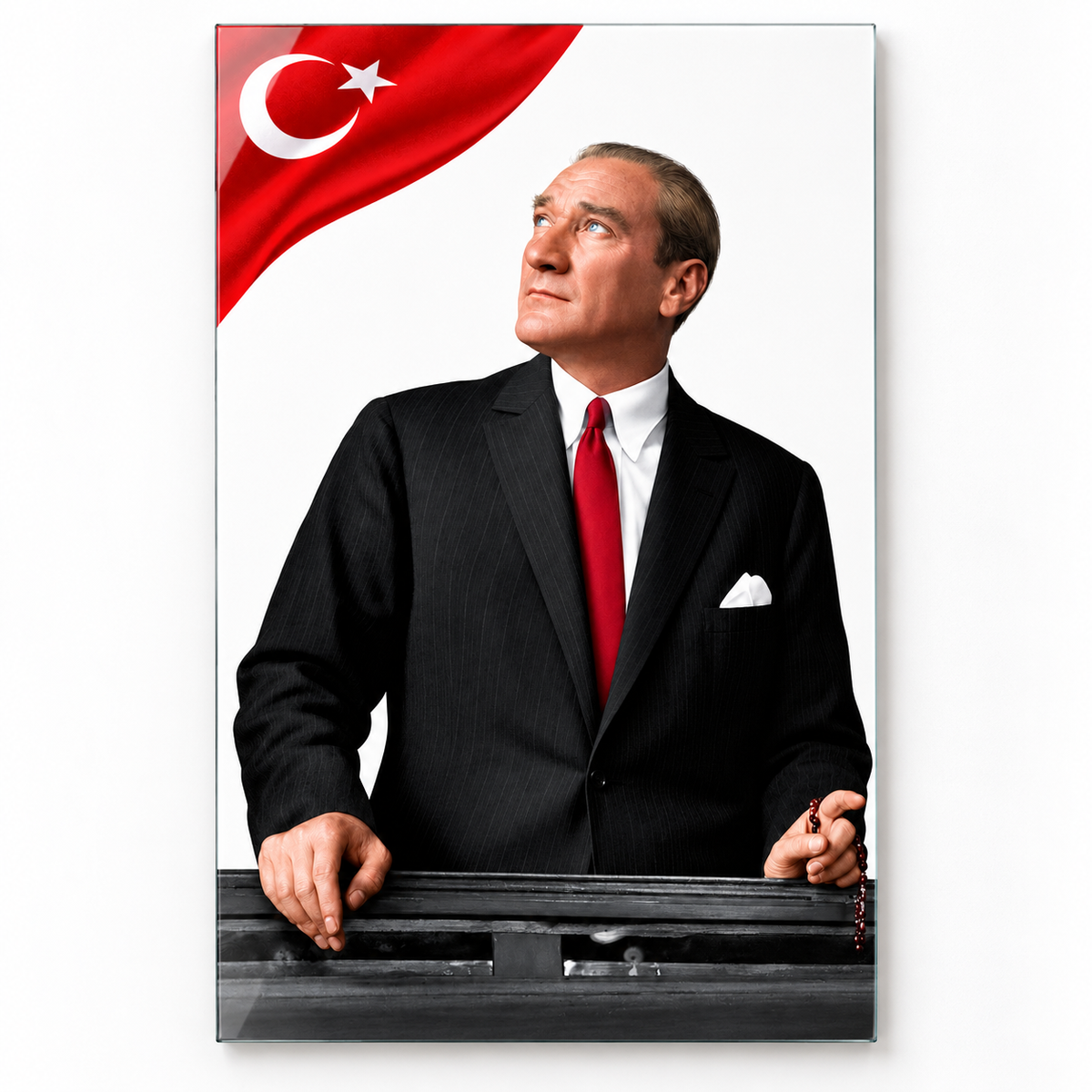 Beyaz Fonda Türk Bayraklı Atatürk Dikey Cam Tablo - Beyaz zemin vitrin
