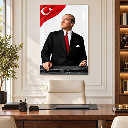 Beyaz Fonda Türk Bayraklı Atatürk Dikey Cam Tablo - Çalışma odası
