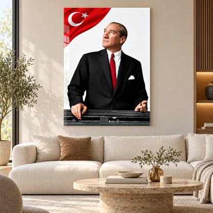 Beyaz Fonda Türk Bayraklı Atatürk Dikey Cam Tablo - Premium salon