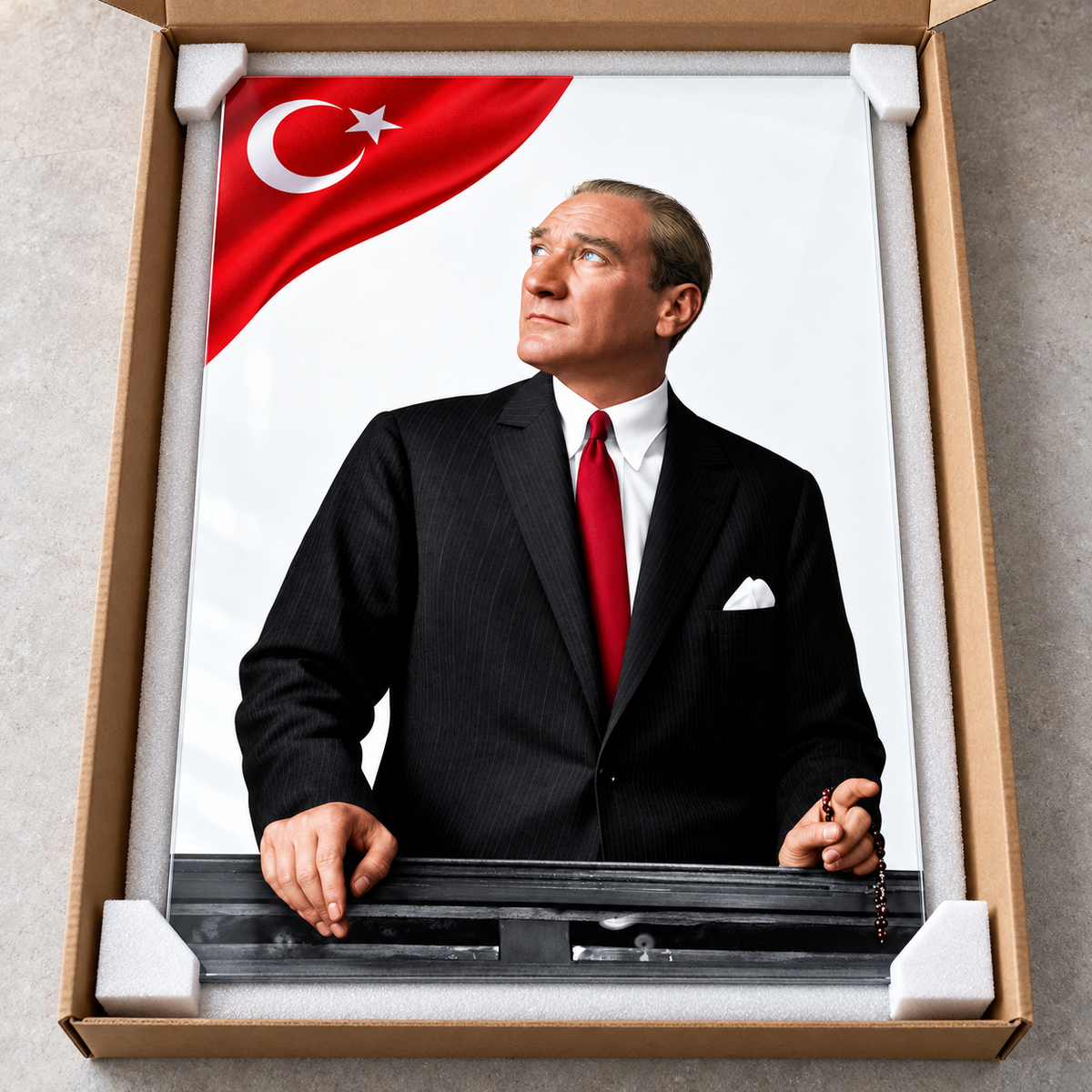 Beyaz Fonda Türk Bayraklı Atatürk Dikey Cam Tablo - Koruyucu paketleme