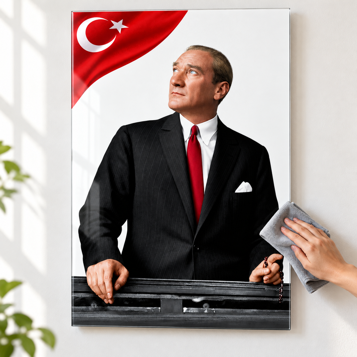Beyaz Fonda Türk Bayraklı Atatürk Dikey Cam Tablo - Kolay temizlik