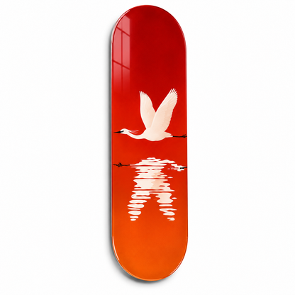 Beyaz vitrin - Beyaz turna kuşu kırmızı günbatımı Skate Board cam tablo