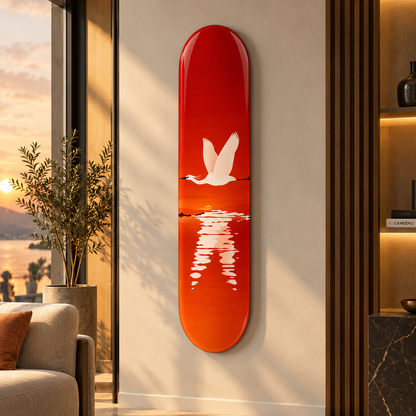 Premium salon - Beyaz turna kuşu kırmızı günbatımı Skate Board cam tablo