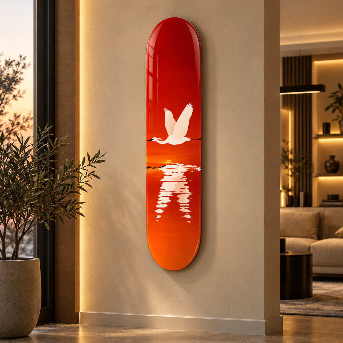 Farklı premium mekan - Beyaz turna kuşu kırmızı günbatımı Skate Board cam tablo