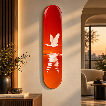 Alternatif premium mekan - Beyaz turna kuşu kırmızı günbatımı Skate Board cam tablo
