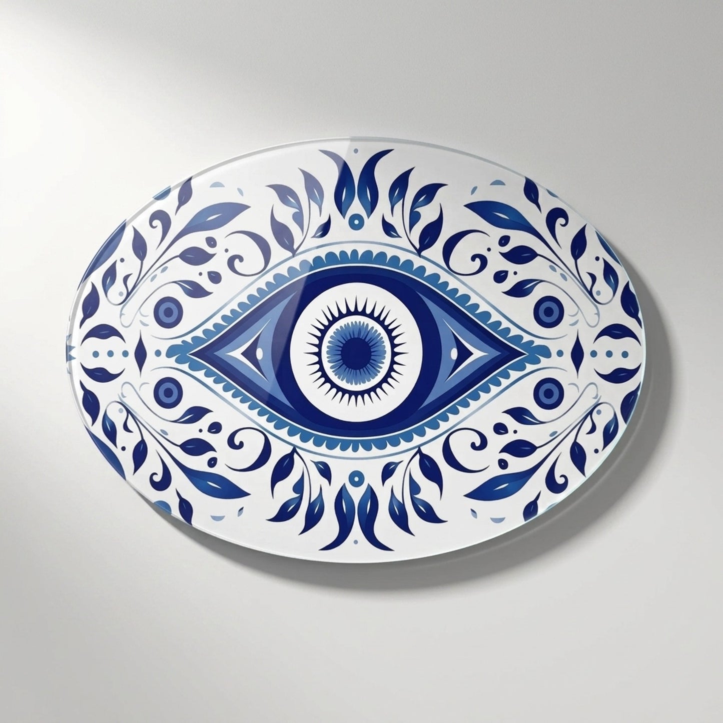 Mavi Nazar Boncuğu ve Çini Desenli Duvar Sanatı Oval Yatay Cam Tablo