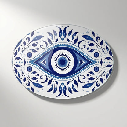 Mavi Nazar Boncuğu ve Çini Desenli Duvar Sanatı Oval Yatay Cam Tablo