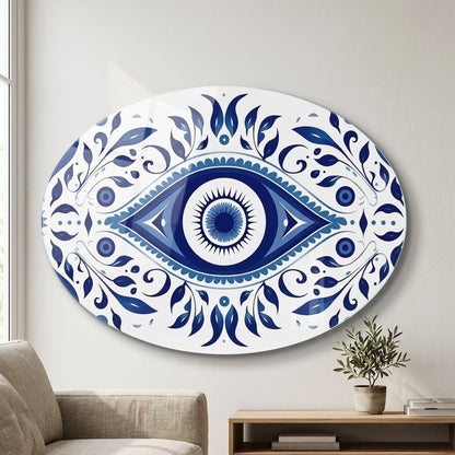 Mavi Nazar Boncuğu ve Çini Desenli Duvar Sanatı Oval Yatay Cam Tablo