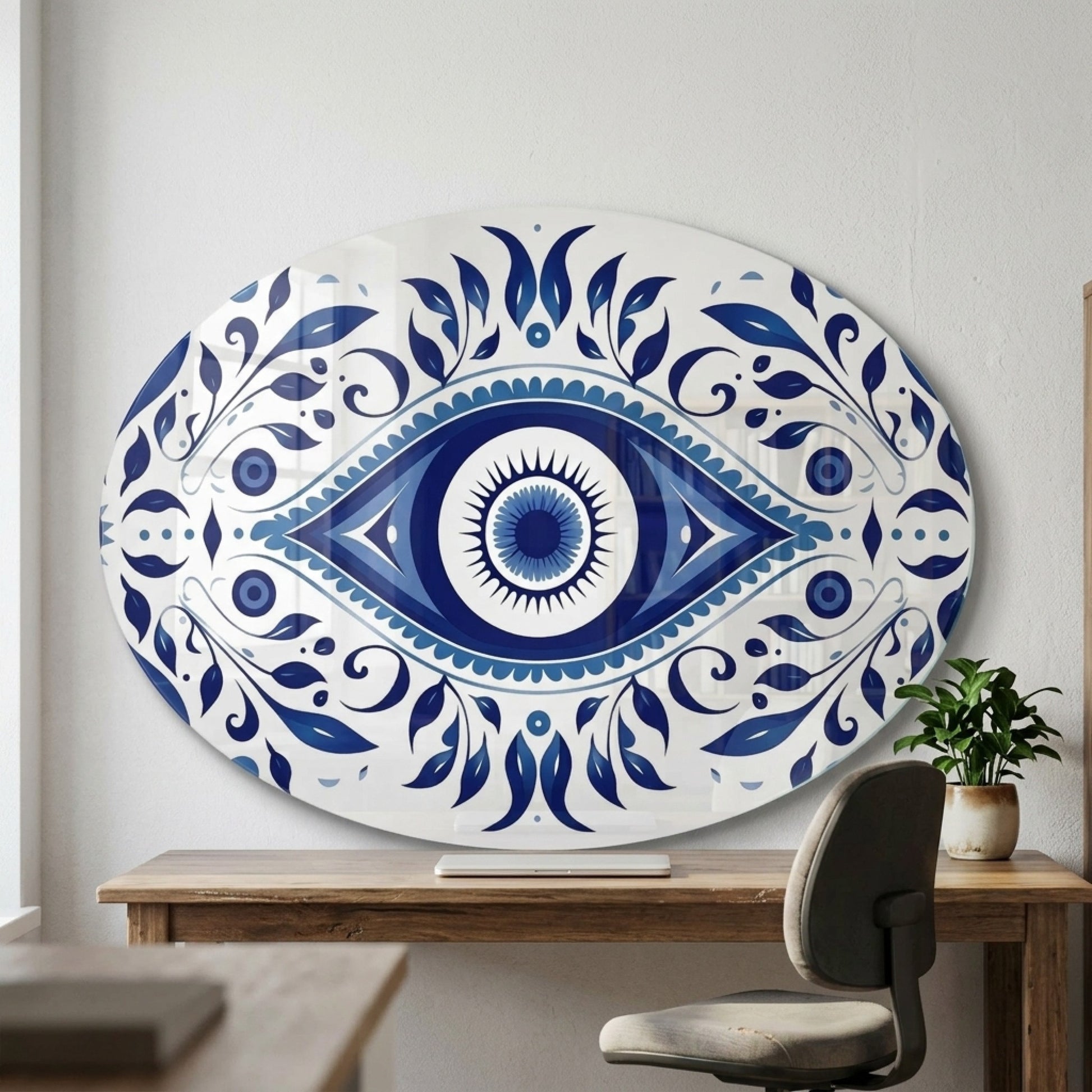 Mavi Nazar Boncuğu ve Çini Desenli Duvar Sanatı Oval Yatay Cam Tablo