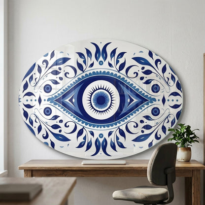 Mavi Nazar Boncuğu ve Çini Desenli Duvar Sanatı Oval Yatay Cam Tablo