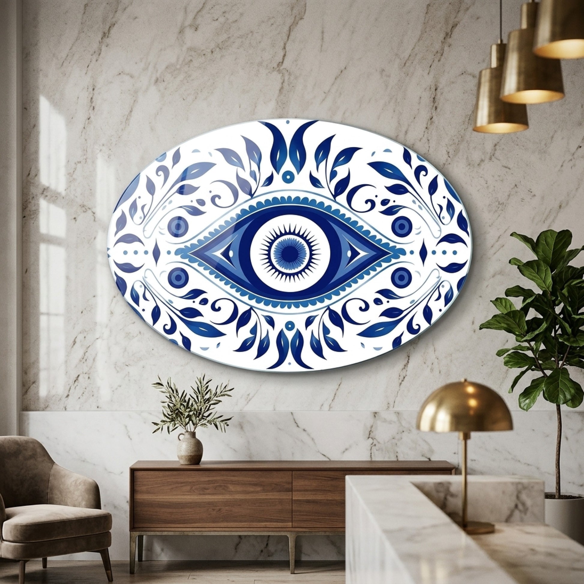 Mavi Nazar Boncuğu ve Çini Desenli Duvar Sanatı Oval Yatay Cam Tablo