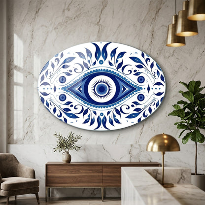 Mavi Nazar Boncuğu ve Çini Desenli Duvar Sanatı Oval Yatay Cam Tablo