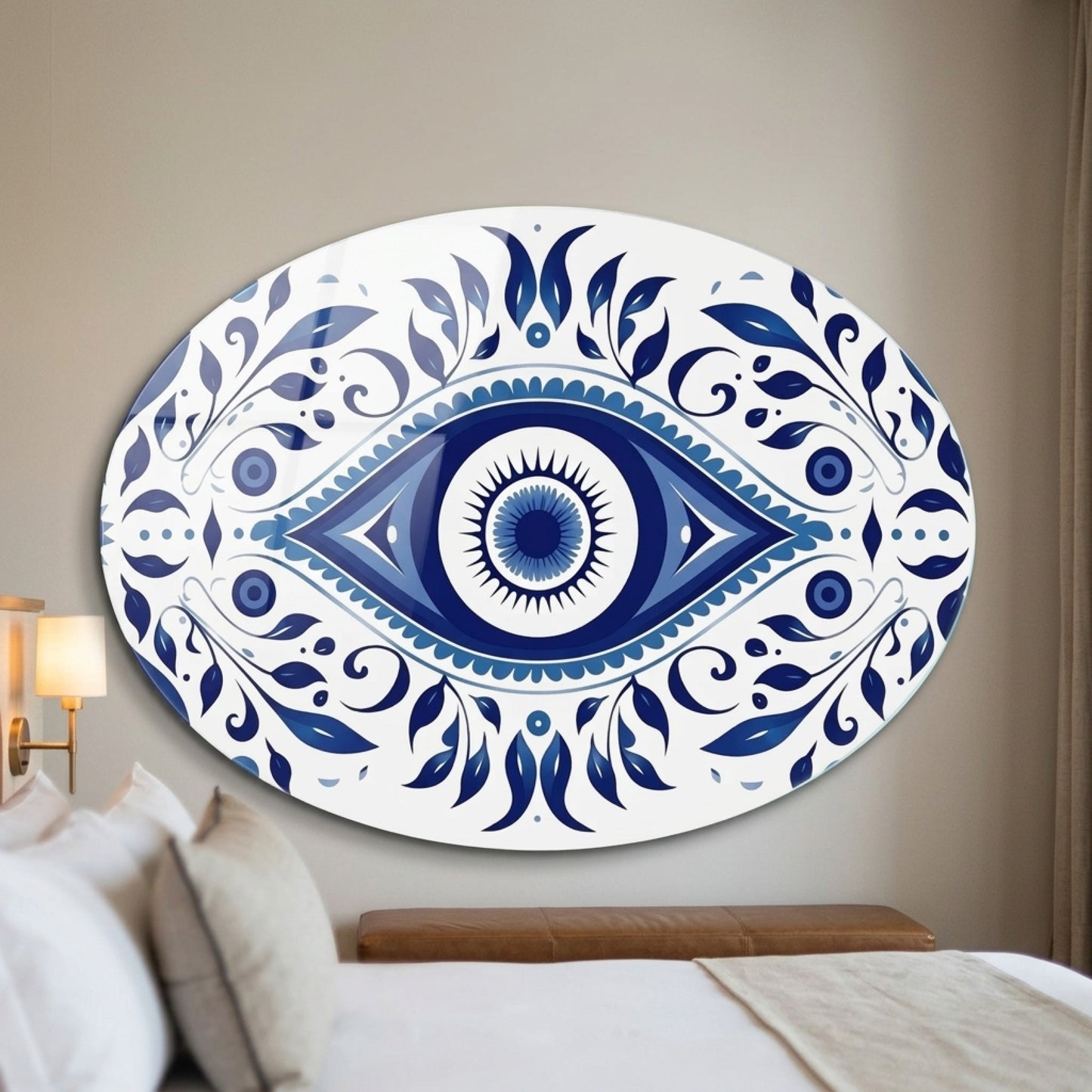 Mavi Nazar Boncuğu ve Çini Desenli Duvar Sanatı Oval Yatay Cam Tablo