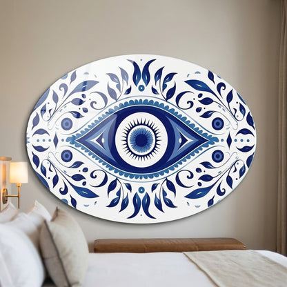 Mavi Nazar Boncuğu ve Çini Desenli Duvar Sanatı Oval Yatay Cam Tablo