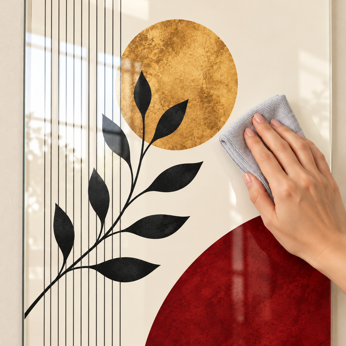 CAMDEKO Bordo ve Altın Botanik Üçlü Cam Tablo — Mikrofiber bezle temizlik