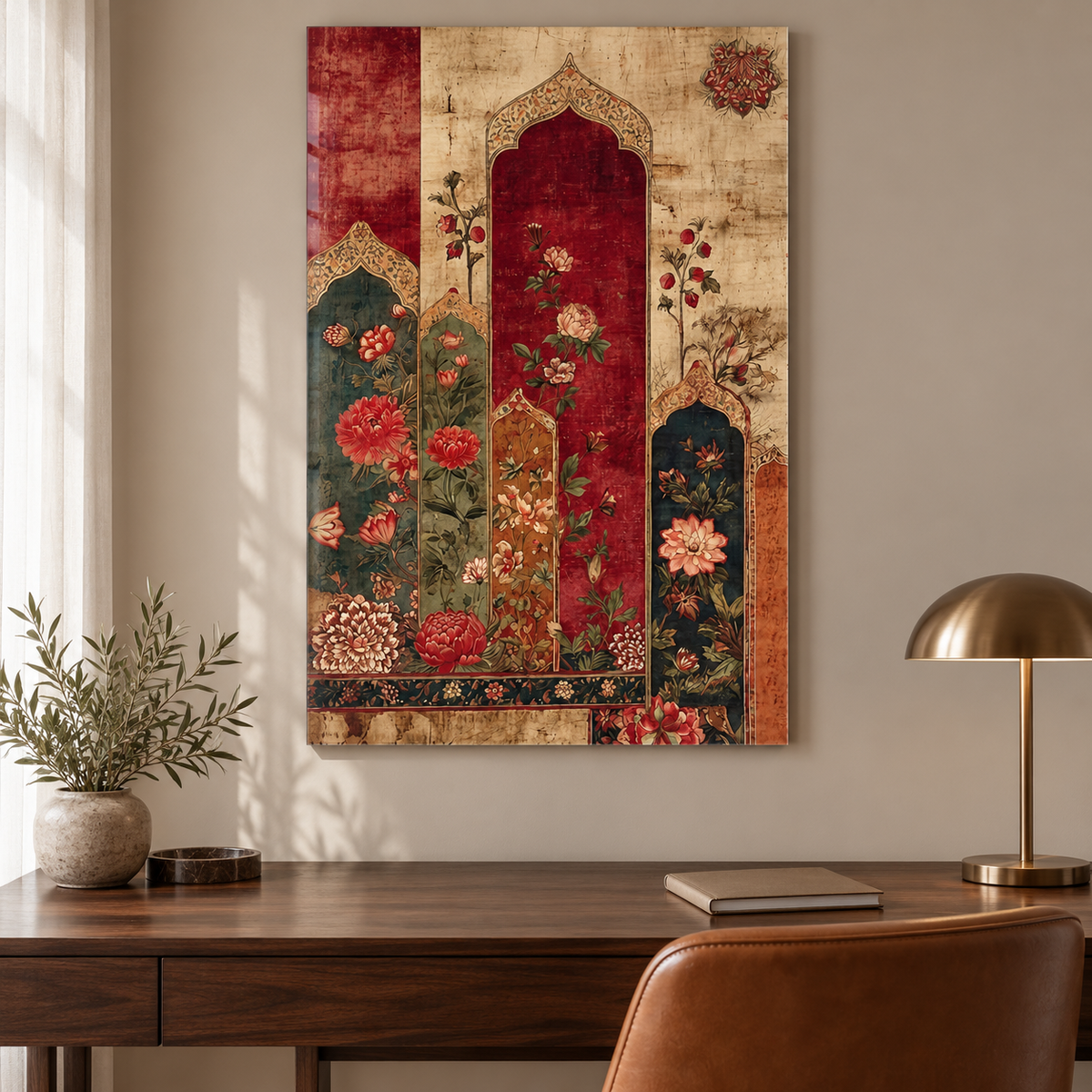 Bordo Bej Kemerli Çiçekler Dikey Cam Tablo — Çalışma odası