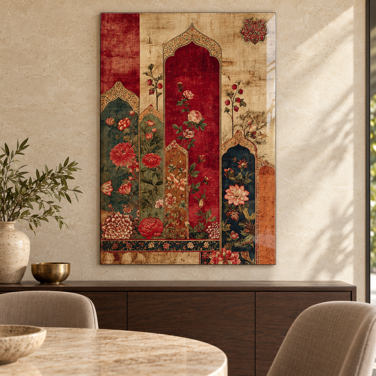 Bordo Bej Kemerli Çiçekler Dikey Cam Tablo — Yemek odası